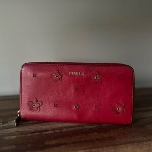 Furla Limited Edition Cherry Red Leather Wallet with Floral Design